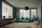 Luxury Mid Century Modern Chic Staged Family Room Interior Mockup with Black Pendant Light