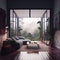 Luxury minimalistic modern apartment home with jungle views living room