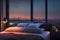 luxury modern design cozy bedroom ,big windows view on evening city