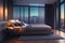 luxury modern design cozy bedroom ,big windows view on evening city