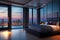 luxury modern design cozy bedroom ,big windows view on evening city