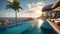 luxury modern designer villa with pool, ocean view, photorealistic travel poster,