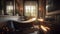 Luxury Modern Moody Bathroom Interior with Soaking Tub and Large Windows Made with Generative AI. Generative ai