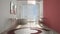 Luxury modern white and red bathroom with herringbone parquet, panoramic window, sea panorama, bathtub, shower and double sink,