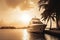 Luxury motor yacht in sea at sunset, expensive rich boat near tropical shore, generative AI