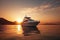 Luxury motor yacht in sea at sunset, expensive rich boat in ocean, generative AI