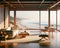 Luxury Oceanfront Property Vintage Retro Mid-Century Modern Home House interior Living Room Scenic Ocean AI Generated