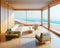 Luxury Oceanfront Property Vintage Retro Mid-Century Modern Home House interior Living Room Scenic Ocean AI Generated