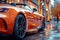 luxury orange sports car in the city. Taillight