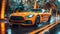 luxury orange sports car drives fast on road at resort with palm trees. Motion blur