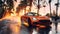 luxury orange sports car drives fast on road at sunset at resort with palm trees. Motion blur