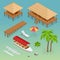 Luxury overwater thatched roof bungalow, bridge, palm tree, pleasure boat, kayak, beach lounger and sun umbrella