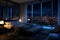 Luxury penthouse bedroom at night. Generative AI.
