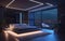 Luxury penthouse bedroom with skyline view, neon lights and modern design