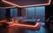 Luxury penthouse bedroom with skyline view, neon lights and modern design