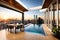 Luxury Penthouse Terrace With A Swimming Pool Overlooking New York. Generative AI