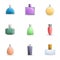 Luxury perfume bottle icon set, cartoon style