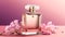 Luxury perfume with floral scent for women, glass fragrance bottle on pink background, generative AI