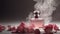 Luxury perfume glass bottle with rose flower petals, cinematic smoke realistic minimalist white light background