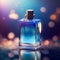 Luxury perfume with magical evening scent for women, glass fragrance bottle on blue magic background, generative AI