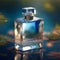 Luxury perfume with magical evening scent for women, glass fragrance bottle on blue magic background, generative AI