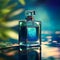 Luxury perfume with magical evening scent for women, glass fragrance bottle on blue magic background, generative AI