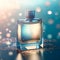 Luxury perfume with magical evening scent for women, glass fragrance bottle on blue magic background, generative AI