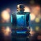Luxury perfume with magical evening scent for women, glass fragrance bottle on blue magic background, generative AI