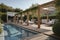 luxury pergola with sun loungers and parasols, surrounded by sparkling swimming pool