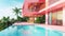 Luxury pink villa with infinity pool. Terrace in modern design. Vacation home for big family. Generative AI