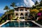 Luxury poolside vacations in resort with elegance, tropical plants and flowers,