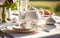 Luxury porcelain crockery set for traditional English tea and breakfast, served outdoors with the sunny morning