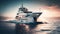 Luxury private motor yacht sailing at sea. Luxury motor yacht on the ocean. Yachting on open sea at golden sunset. generative ai