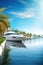 Luxury private motor yacht on tropical island on background.