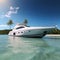 Luxury private motor yacht on tropical island on background.