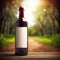Luxury red house wine bottle in the sunny countryside background, blank empty lable for mockup. Generative Ai