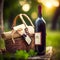 Luxury red house wine bottle and vintage picnic basket in the sunny countryside, generic stylised lable. Generative Ai