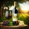 Luxury red wine bottle, grapes, cheese and glass of wine in the sunny countryside background, generic stylised lable for