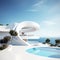 Luxury residential minimalist villa with pool and ocean on horizon.