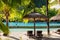 Luxury resort with coconut palms, pool and chaise. Holiday banner