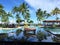 Luxury resort in Fiji with a water feature with palm trees and a negative edge pool