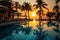 Luxury resort sunrise Pool, palm tree, umbrella in tranquil ambiance