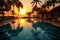 Luxury resort sunrise Pool, palm tree, umbrella in tranquil ambiance