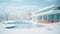 Luxury resort after unexpected snowstorm. Frozen modern hotel with a swimming pool, orange chaise-longues. Generative AI