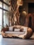 Luxury rustic handmade loveseat sofa in room with abstract wooden tree decorative column. Interior design of modern room