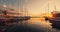Luxury sailing boats and yachts on a harbour, yacht port and golden sunset, 4k video