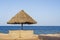 Luxury sand beach with beach chairs and straw umbrellas in tropical resort in Red Sea coast in Egypt, Africa