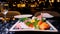 Luxury sashimi set with prawn, tuna, octopus, salmon, and more in luxury restaurant