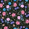 Luxury seamless floral ditsy pattern with roses, bell, cosmos and umbrella flowers, daisy and leaves on black background. Print