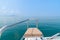 Luxury seat sea view in yacht on blue sky sunset light background.